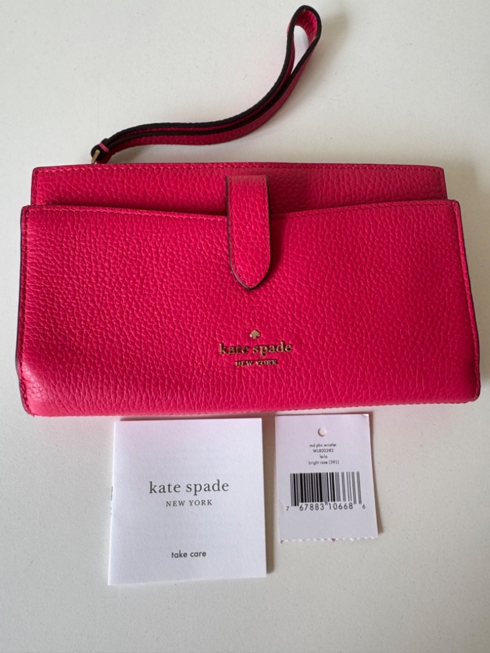 Kate Spade Leila Bright Rose Pebbled Leather Large Wristlet Wallet NWT